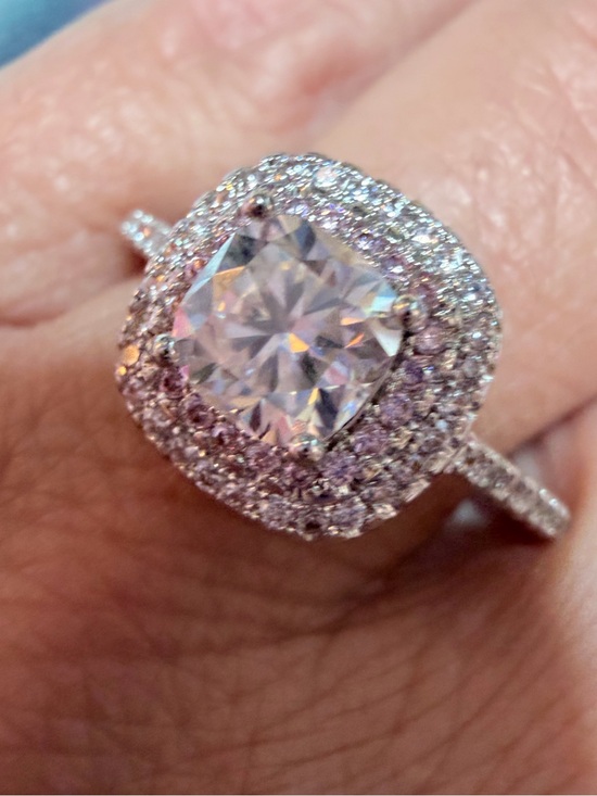 Moissanite Jewelry - New Moissanite Ring Cushion with shimmering Double Halo  and Pave’ Band